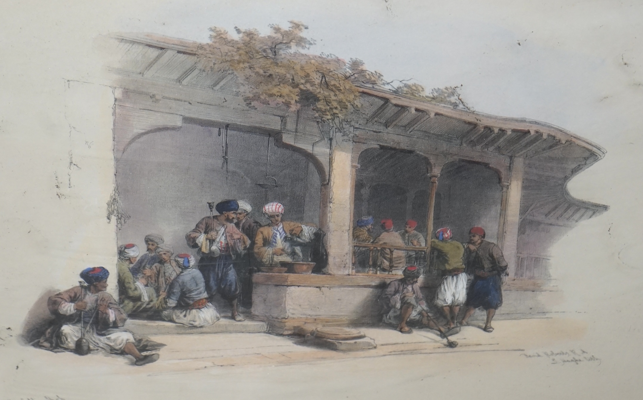 David Roberts RA (1796-1864), colour lithograph, ‘The Coffee Shop’, published F G Moon, London, 30 Sept, 1840, 26 x 36cm. Condition - fair, would benefit from a clean